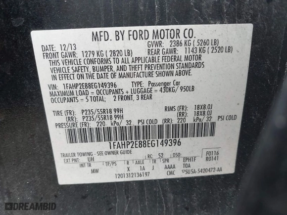 2014 Ford Taurus SEL with VIN 1FAHP2E88EG149396, listed as a IAAI auction lot 41489410 with 190,648 mi miles. Bid and sale history available at carsss.com. Image 9.