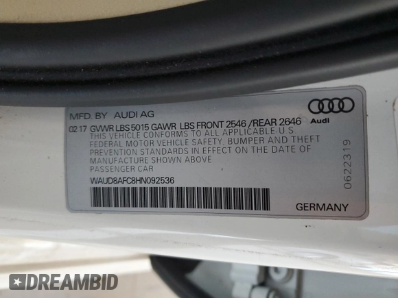 2017 Audi A6 Premium Plus with VIN WAUD8AFC8HN092536, listed as a Copart auction lot 62597345 with 97,570 mi miles and Salvage title. Bid and sale history available at DreamBid. Image 12.