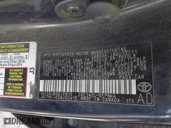 2012 Toyota Corolla L with VIN 2T1BU4EEXCC755207, listed as a IAAI auction lot 41847008 with 143,623 mi miles. Bid and sale history available at carsss.com. Image 9.