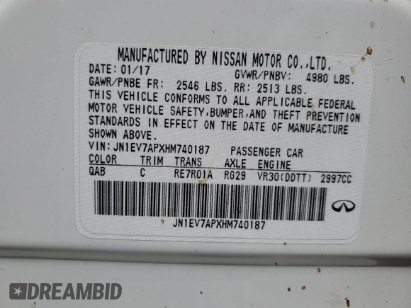 2017 Infiniti Q50 Premium z VIN JN1EV7APXHM740187, wystawiony jako Copart lot #56606145 z przebiegiem 101 308 mil mil oraz Szkoda całkowita • Salvage title. Historia ofert i sprzedaży dostępna na DreamBid. Obrazek 12.