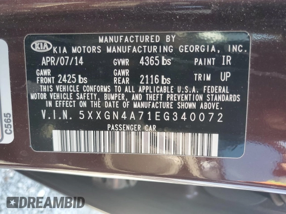 2014 Kia Optima EX with VIN 5XXGN4A71EG340072, listed as a Copart auction lot 49357955 with 177,486 mi miles and Clean Title. Bid and sale history available at carsss.com. Image 12.