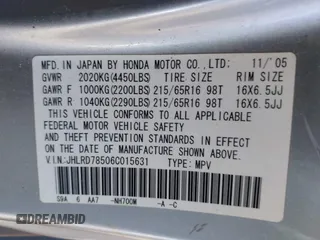 2006 Honda CR-V LX z VIN JHLRD78506C015631, wystawiony jako IAAI lot #41978437 z przebiegiem 109 528 mil mil oraz . Historia ofert i sprzedaży dostępna na DreamBid. Obrazek 9.