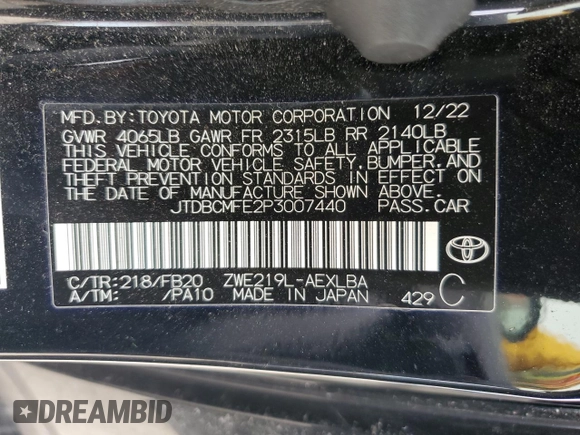 2023 Toyota Corolla Hybrid LE with VIN JTDBCMFE2P3007440, listed as a Copart auction lot 47140785 with 20,620 mi miles and Salvage Title. Bid and sale history available at carsss.com. Image 15.