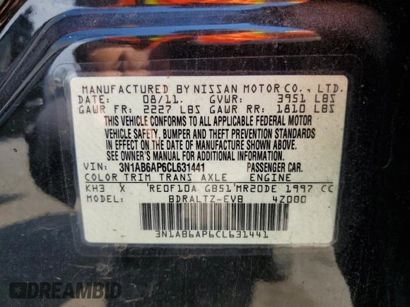 2012 Nissan Sentra SR with VIN 3N1AB6AP6CL631441, listed as a Copart auction lot 51146655 with 98,152 mi miles and Salvage Title. Bid and sale history available at DreamBid. Image 14.