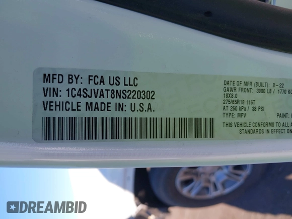 2022 Jeep Wagoneer Series I with VIN 1C4SJVAT8NS220302, listed as a IAAI auction lot 41297633 with 21,019 mi miles and . Bid and sale history available at DreamBid. Image 9.