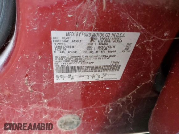2001 Ford F-350 XL with VIN 1FTSW30F71EC56279, listed as a Copart auction lot 74843864 with 431,581 mi miles and Salvage Title. Bid and sale history available at DreamBid. Image 13.