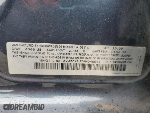 2010 Volkswagen Jetta Limited Edition z VIN 3VWRZ7AJ7AM040861, wystawiony jako Copart lot #63333995 z przebiegiem 189 482 mil mil oraz Szkoda całkowita • Salvage title. Historia ofert i sprzedaży dostępna na DreamBid. Obrazek 12.