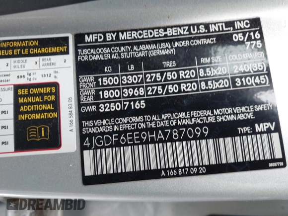 2017 Mercedes-Benz GLS 450 with VIN 4JGDF6EE9HA787099, listed as a IAAI auction lot 41971505 with 80,159 mi miles and . Bid and sale history available at DreamBid. Image 9.