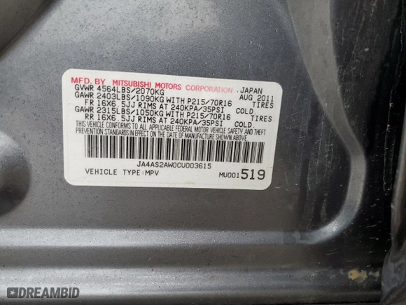 2012 Mitsubishi Outlander ES with VIN JA4AS2AW0CU003615, listed as a Copart auction lot 44958605 with 133,483 mi miles and Salvage Title. Bid and sale history available at carsss.com. Image 15.