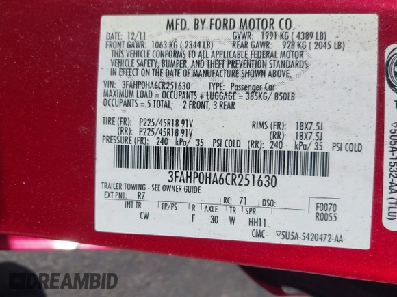 2012 Ford Fusion SE with VIN 3FAHP0HA6CR251630, listed as a IAAI auction lot 42171576 with 97,663 mi miles and . Bid and sale history available at carsss.com. Image 9.
