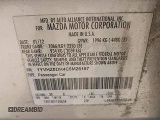 2012 Mazda Mazda6 i Touring with VIN 1YVHZ8DH4C5M26167, listed as a IAAI auction lot 41812220 with 215,015 mi miles. Bid and sale history available at carsss.com. Image 9.
