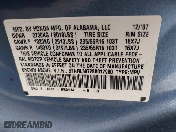 2008 Honda Odyssey EX-L с VIN 5FNRL38728B017980, выставлен на аукционе IAAI как лот 42041145 с пробегом 70 161 миль миль и . История ставок и продаж доступна на DreamBid. Изображение 9.