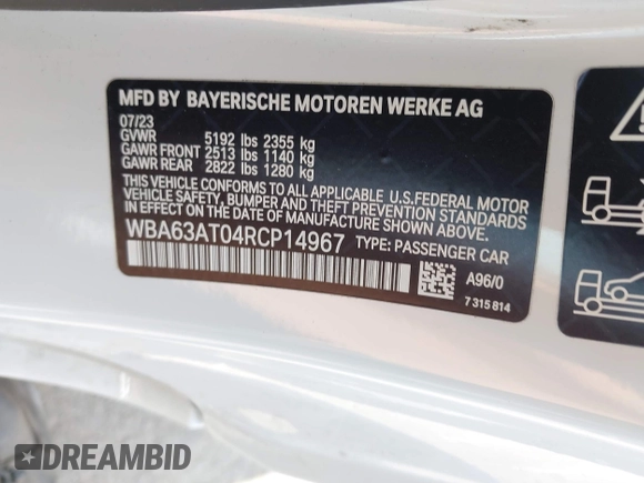 2024 BMW 4 Series M440i xDrive с VIN WBA63AT04RCP14967, выставлен на аукционе IAAI как лот 42031020 с пробегом Не указан миль и . История ставок и продаж доступна на DreamBid. Изображение 9.