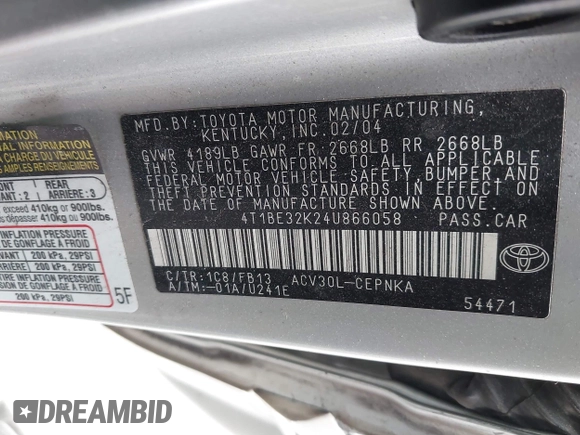 2004 Toyota Camry LE with VIN 4T1BE32K24U866058, listed as a IAAI auction lot 42094444 with 279,074 mi miles. Bid and sale history available at carsss.com. Image 9.