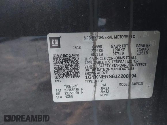 2018 Cadillac XT5 Premium Luxury FWD with VIN 1GYKNERS6JZ208094, listed as a IAAI auction lot 41341228 with 88,068 mi miles. Bid and sale history available at carsss.com. Image 9.
