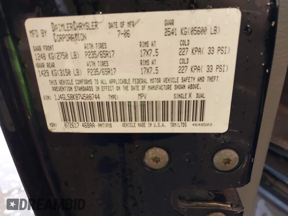 2007 Jeep Liberty Limited z VIN 1J4GL58K87W508744, wystawiony jako IAAI lot #40986728 z przebiegiem 179 291 mil mil oraz . Historia ofert i sprzedaży dostępna na DreamBid. Obrazek 9.