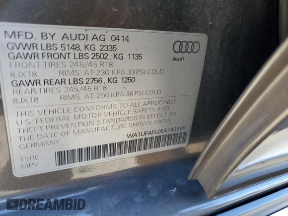 2014 Audi allroad Premium Plus with VIN WA1UFAFL0EA143999, listed as a Copart auction lot 82145704 with 157,411 mi miles and Clean Title. Bid and sale history available at carsss.com. Image 12.