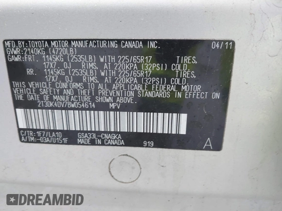 2011 Toyota RAV4 Ltd with VIN 2T3DK4DV7BW054614, listed as a IAAI auction lot 41815327 with 203,775 mi miles. Bid and sale history available at carsss.com. Image 9.