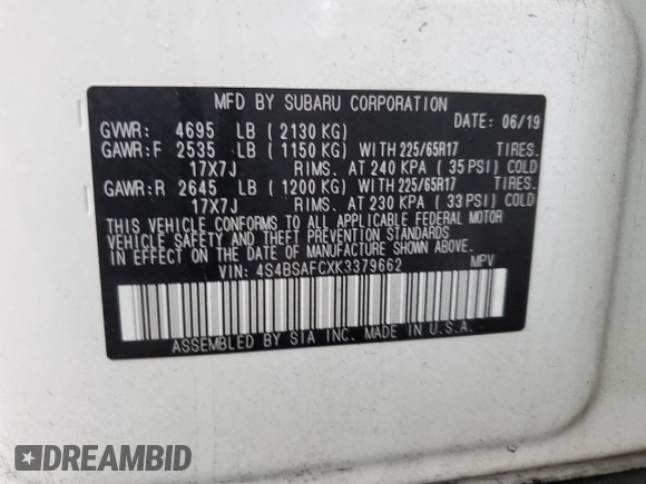 2019 Subaru Outback Premium with VIN 4S4BSAFCXK3379662, listed as a Copart auction lot 47283515 with 37,983 mi miles and Salvage Title. Bid and sale history available at carsss.com. Image 13.