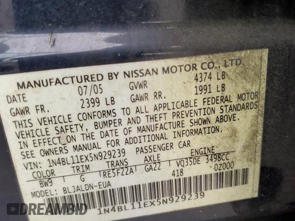2005 Nissan Altima SE z VIN 1N4BL11EX5N929239, wystawiony jako Copart lot #60907535 z przebiegiem 153 161 mil mil oraz Szkoda całkowita • Salvage title. Historia ofert i sprzedaży dostępna na DreamBid. Obrazek 13.