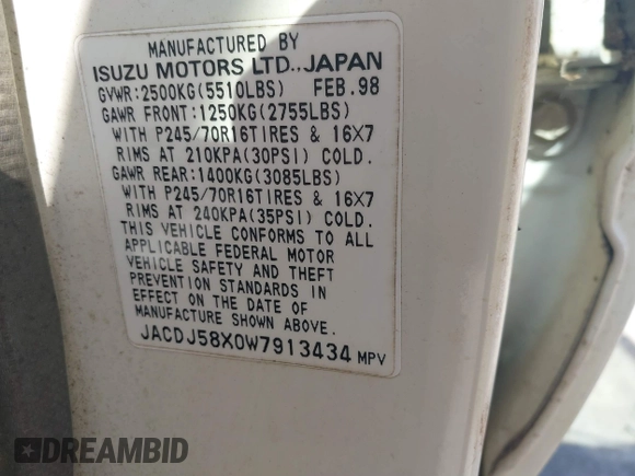 1998 Isuzu Trooper S with VIN JACDJ58X0W7913434, listed as a IAAI auction lot 41690061 with 208,306 mi miles and . Bid and sale history available at DreamBid. Image 9.
