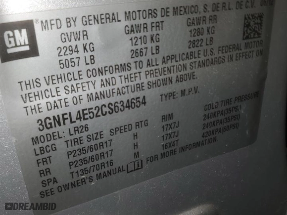 2012 Chevrolet Captiva Sport Fleet LTZ with VIN 3GNFL4E52CS634654, listed as a Copart auction lot 50459355 with 151,059 mi miles and Salvage Title. Bid and sale history available at carsss.com. Image 14.