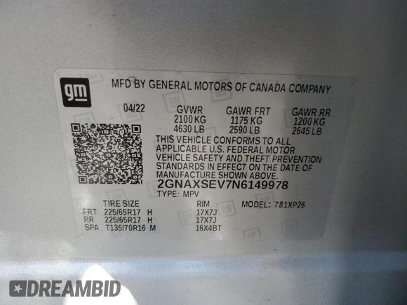2022 Chevrolet Equinox LS z VIN 2GNAXSEV7N6149978, wystawiony jako Copart lot #47791645 z przebiegiem 8 387 mil mil oraz Szkoda całkowita • Salvage title. Historia ofert i sprzedaży dostępna na DreamBid. Obrazek 13.