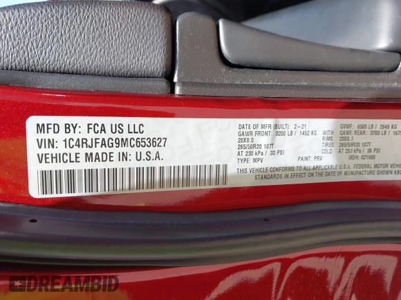 2021 Jeep Grand Cherokee Laredo X z VIN 1C4RJFAG9MC653627, wystawiony jako IAAI lot #42286505 z przebiegiem 33 073 mil mil oraz . Historia ofert i sprzedaży dostępna na DreamBid. Obrazek 9.