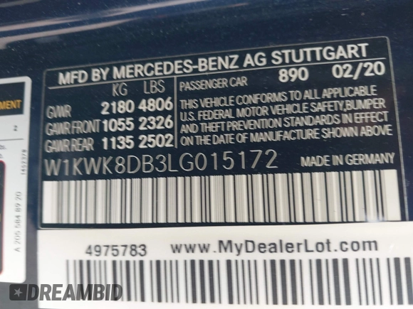 2020 Mercedes-Benz C 300 with VIN W1KWK8DB3LG015172, listed as a IAAI auction lot 42029492 with 43,155 mi miles and . Bid and sale history available at DreamBid. Image 9.