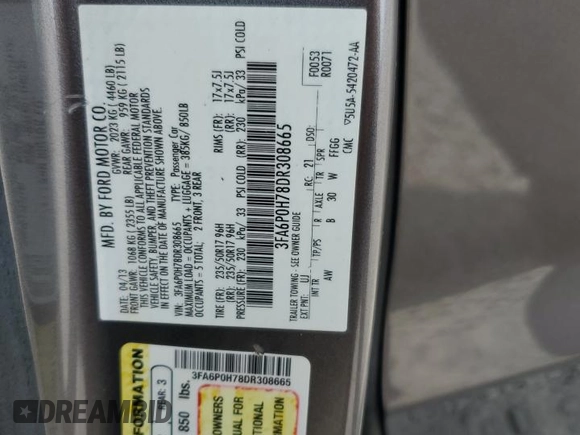 2013 Ford Fusion SE with VIN 3FA6P0H78DR308665, listed as a Copart auction lot 65533775 with 164,092 mi miles and Clean title. Bid and sale history available at DreamBid. Image 12.