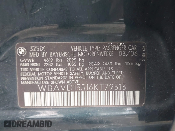 2006 BMW 3 Series 325xi with VIN WBAVD13516KT79513, listed as a IAAI auction lot 41609704 with 116,883 mi miles. Bid and sale history available at carsss.com. Image 9.