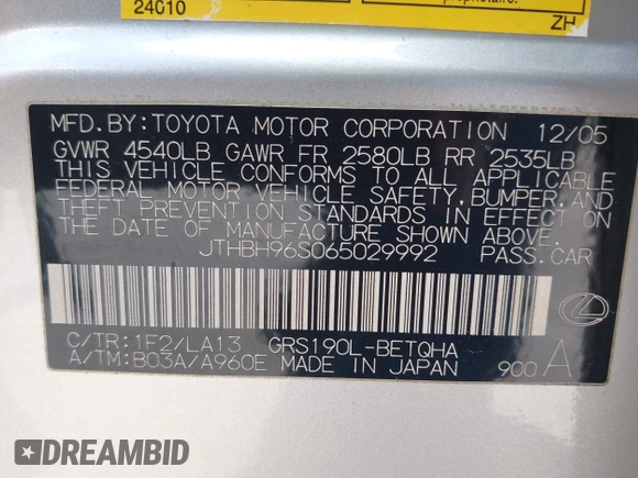 2006 Lexus GS 300 z VIN JTHBH96S065029992, wystawiony jako IAAI lot #42092747 z przebiegiem 182 424 mil mil oraz . Historia ofert i sprzedaży dostępna na DreamBid. Obrazek 9.