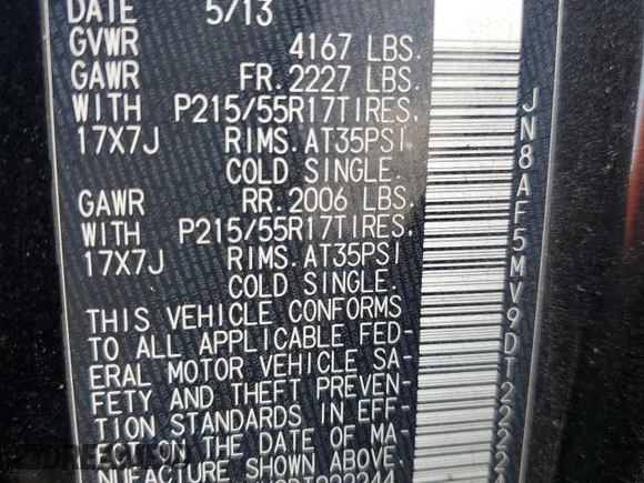 2013 Nissan Juke SL z VIN JN8AF5MV9DT222244, wystawiony jako Copart lot #59609995 z przebiegiem 169 024 mil mil oraz Szkoda całkowita • Salvage title. Historia ofert i sprzedaży dostępna na DreamBid. Obrazek 14.