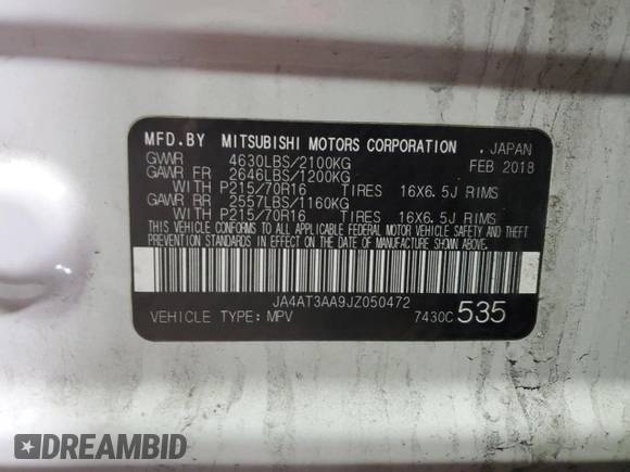 2018 Mitsubishi Eclipse Cross ES z VIN JA4AT3AA9JZ050472, wystawiony jako Copart lot #47934205 z przebiegiem 85 549 mil mil oraz Szkoda całkowita • Salvage title. Historia ofert i sprzedaży dostępna na DreamBid. Obrazek 13.