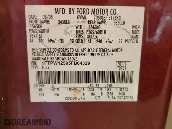 2005 Ford F-150 XLT with VIN 1FTPW12595FB64329, listed as a Copart auction lot 59438285 with 227,483 mi miles and Clean title. Bid and sale history available at DreamBid. Image 12.