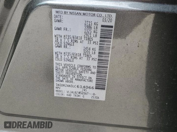 2020 Nissan Pathfinder S z VIN 5N1DR2AN3LC614066, wystawiony jako Copart lot #47091335 z przebiegiem 97 474 mil mil oraz Szkoda całkowita • Salvage title. Historia ofert i sprzedaży dostępna na DreamBid. Obrazek 13.