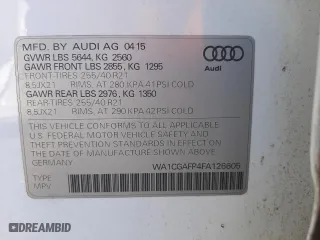 2015 Audi SQ5 Premium Plus with VIN WA1CGAFP4FA126605, listed as a Copart auction lot 71654562 with 74,819 mi miles. Bid and sale history available at carsss.com. Image 12.