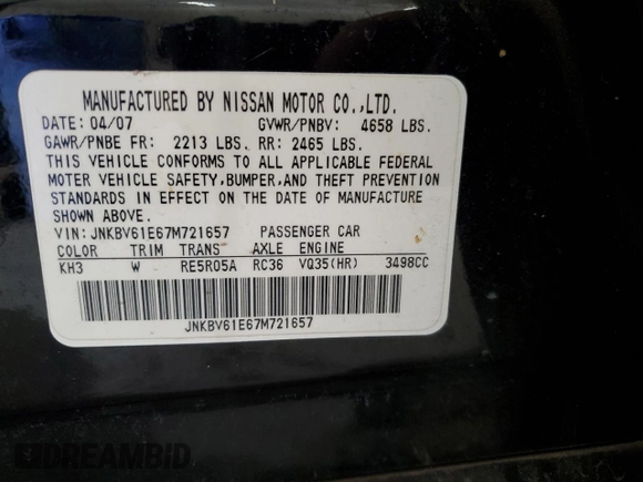 2007 Infiniti G35 Journey with VIN JNKBV61E67M721657, listed as a Copart auction lot 55496735 with 139,690 mi miles and Salvage Title. Bid and sale history available at DreamBid. Image 12.