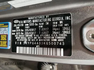 2019 Kia Sorento LX with VIN 5XYPG4A33KG500743, listed as a Copart auction lot 47312445 with 54,743 mi miles and Clean Title. Bid and sale history available at carsss.com. Image 14.