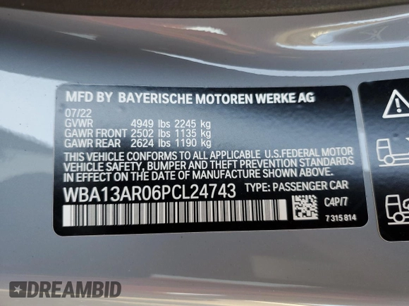 2023 BMW 4 Series M440i xDrive with VIN WBA13AR06PCL24743, listed as a Copart auction lot 70877503 with 6,584 mi miles and . Bid and sale history available at DreamBid. Image 14.