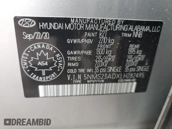 2020 Hyundai Santa Fe SE with VIN 5NMS23ADXLH282495, listed as a Copart auction lot 57628955 with 137,864 mi miles and Clean title. Bid and sale history available at DreamBid. Image 14.