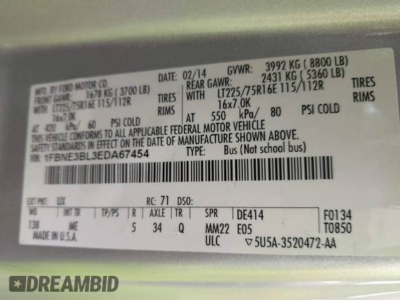 2014 Ford Econoline Passenger XL z VIN 1FBNE3BL3EDA67454, wystawiony jako IAAI lot #42186097 z przebiegiem Nie podano mil oraz . Historia ofert i sprzedaży dostępna na DreamBid. Obrazek 9.