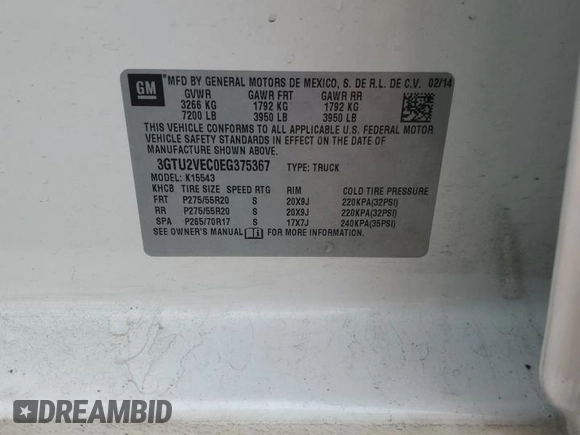 2014 GMC Sierra 1500 SLT with VIN 3GTU2VEC0EG375367, listed as a Copart auction lot 52339505 with 206,855 mi miles and Salvage Title. Bid and sale history available at DreamBid. Image 12.