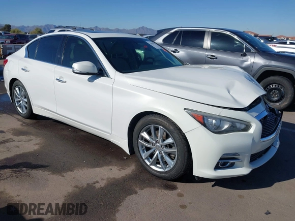 2014 Infiniti Q50 Hybrid Sport with VIN JN1AV7AP0EM691057, listed as a IAAI auction lot 41836162 with 147,477 mi miles and . Bid and sale history available at DreamBid. Image 1.