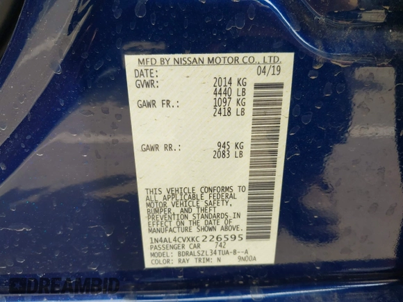 2019 Nissan Altima SR with VIN 1N4AL4CVXKC226595, listed as a IAAI auction lot 41895582 with 45,019 mi miles and . Bid and sale history available at carsss.com. Image 9.