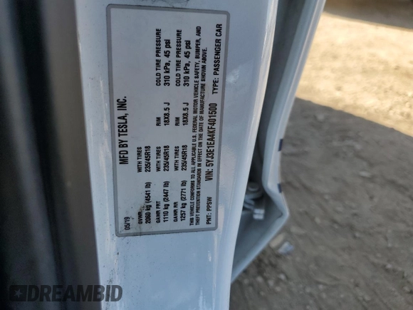 2019 Tesla Model 3 Mid Range with VIN 5YJ3E1EA4KF401500, listed as a Copart auction lot 80029064 with 100,077 mi miles and Salvage Title. Bid and sale history available at carsss.com. Image 13.
