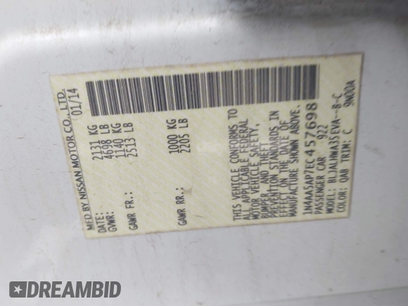 2014 Nissan Maxima S with VIN 1N4AA5AP7EC457698, listed as a IAAI auction lot 41903044 with Not Provided miles and . Bid and sale history available at DreamBid. Image 9.
