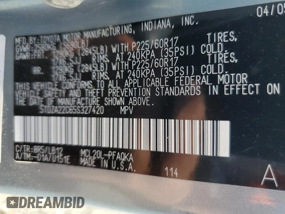 2005 Toyota Sienna XLE with VIN 5TDZA22C65S327420, listed as a Copart auction lot 55934275 with 174,155 mi miles and Salvage title. Bid and sale history available at DreamBid. Image 13.