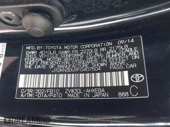 2015 Toyota Prius Four with VIN JTDKN3DUXF0407504, listed as a IAAI auction lot 42087137 with 125,352 mi miles. Bid and sale history available at carsss.com. Image 9.