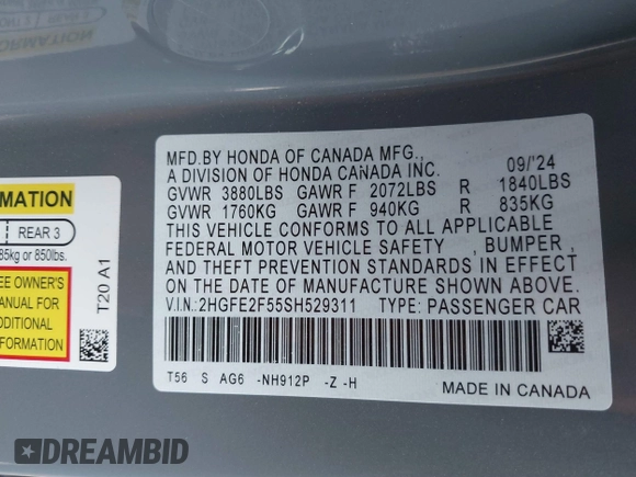 2025 Honda Civic Sport with VIN 2HGFE2F55SH529311, listed as a IAAI auction lot 41898987 with 2,873 mi miles and . Bid and sale history available at DreamBid. Image 9.